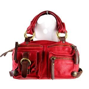 Cecile Jeanne PARIS RED GENUINE LEATHER LOGO SMALL SHOULDER BAG HANDBAG PURSE